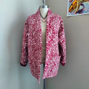 Autres Filles Quilted Floral Jacket Red Toile Print Open Front Pockets Rayon Lrg